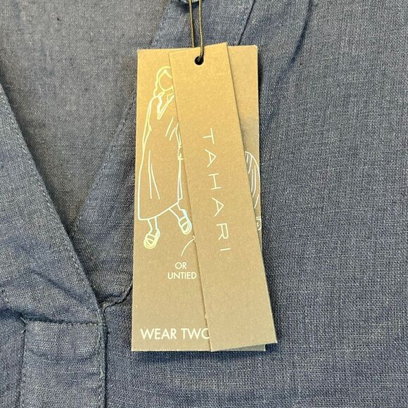 NWT TAHARI Linen Dress Sz Large Navy Blue 2-Way Wear Midi Long Sleeve Collared - Picture 6 of 12